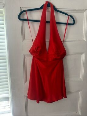 Aritzia Red Halter Deep V Satin Mini Dress